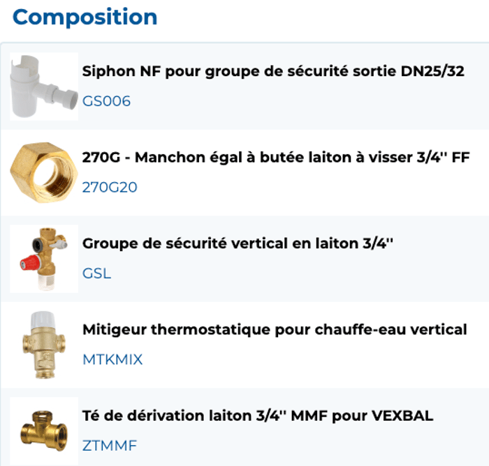 Kit groupe de sécurité standard + siphon + mitigeur thermostatique KMIX
