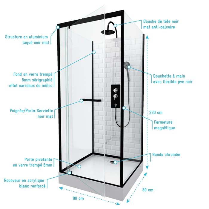 Cabine de douche carrée porte pivotante MÉTRO