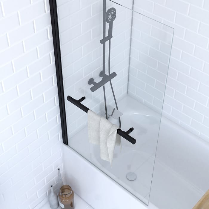 Pare-baignoire 1 panneau rabattable avec porte-serviette verre transparent PRIME - H.1500 mm
