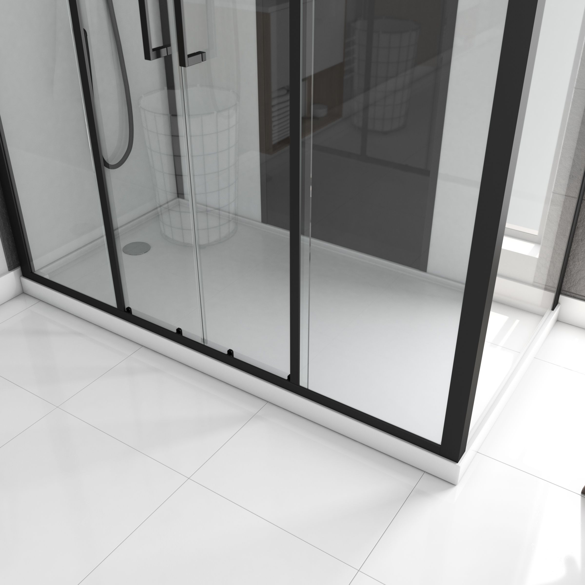 Cabine de douche rectangle blanche avec profilé noir mat et receveur plat INFINITY LOW - Dim. 170x90x205 cm