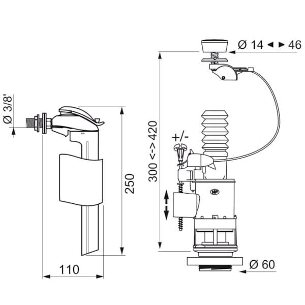 Mécanisme de chasse d'eau à câble MW² + Robinet flotteur WC F90