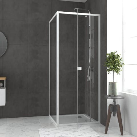 Porte de douche pivotante accès de face WHITY PIVOT + retour L.900 - H.1850 - Profilé blanc, verre transparent 5 mm
