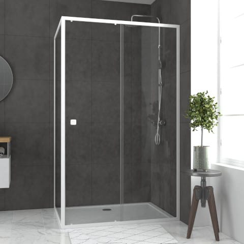 Porte de douche coulissante accès de face WHITY slide + retour L.800 - H.1850 - Profilé blanc, verre transparent 5 mm