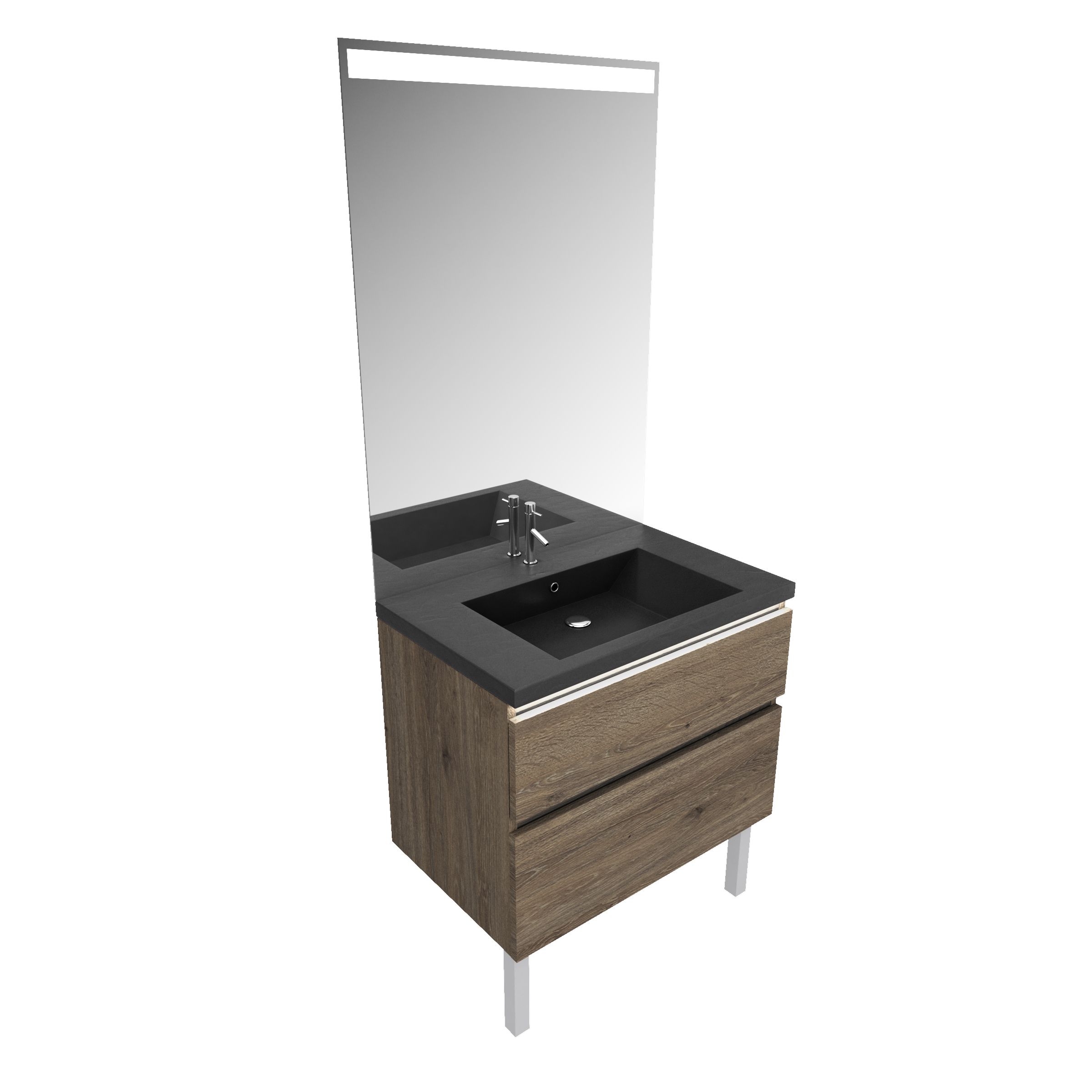 Meuble salle de bain sur pieds avec 2 tiroirs, vasque effet ardoise et miroir MERELY - L.800 mm